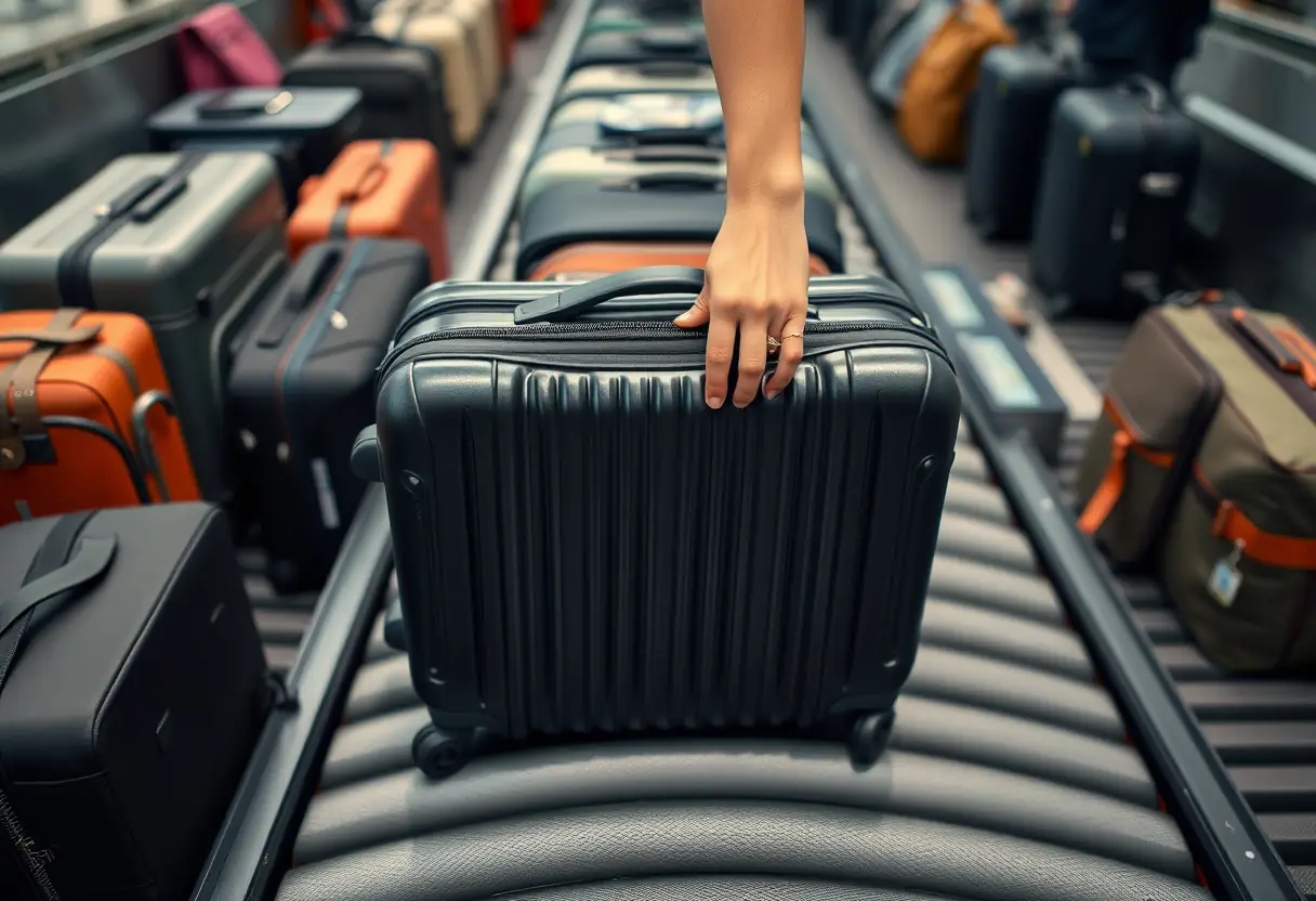 Une main ferme la fermeture éclair d'une valise rectangulaire au milieu d'une roue à bagages.