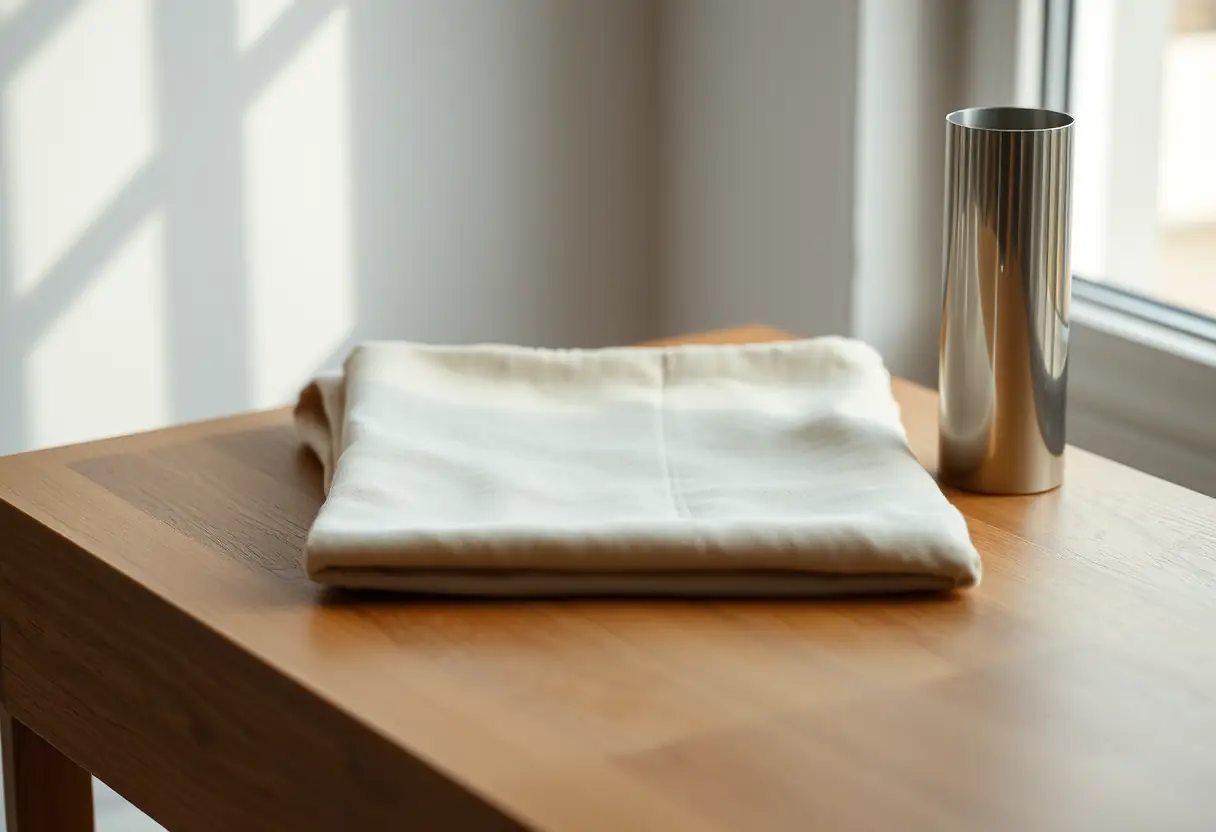Un carré de tissu plié et un tube cylindrique sur une table