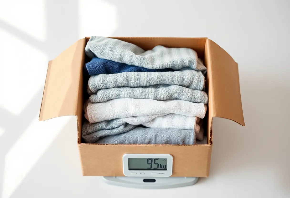 Un carton en carton rempli de vêtements pliés sur un peson voyageur, éclairé naturellement.