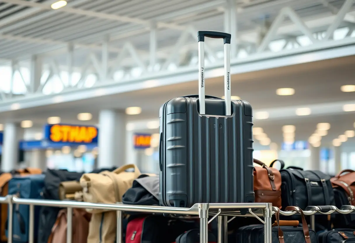 Une tablette de bagages dans un aéroport moderne avec divers sacs de tailles variées, éclairée doucement.