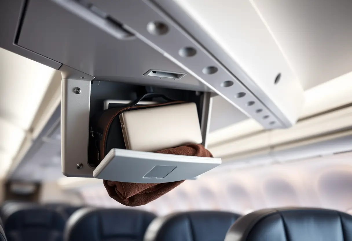 Un compartiment à bagages partiellement ouvert montrant divers articles de voyage