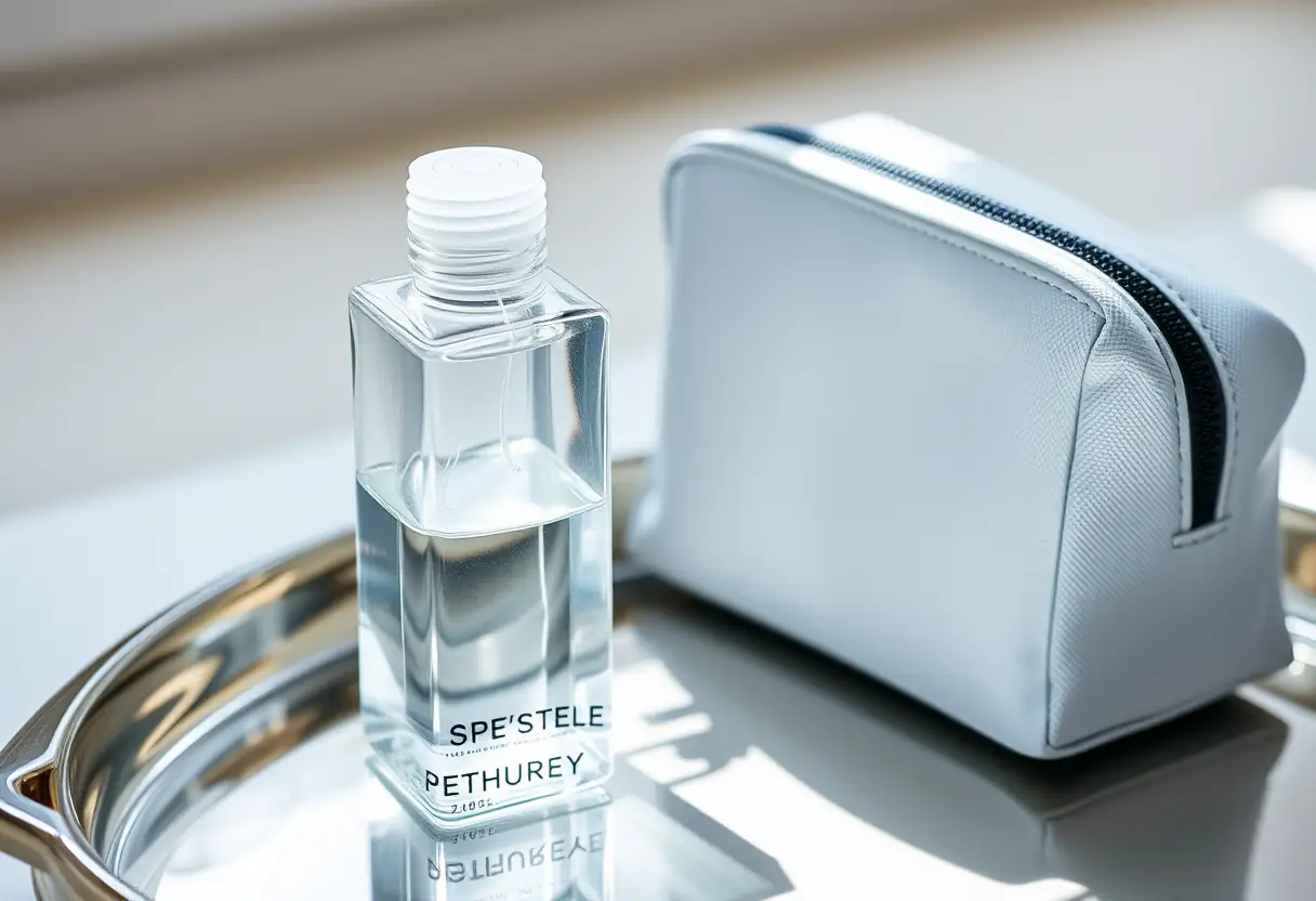 Un flacon de plastique avec un liquide clair sur un plateau