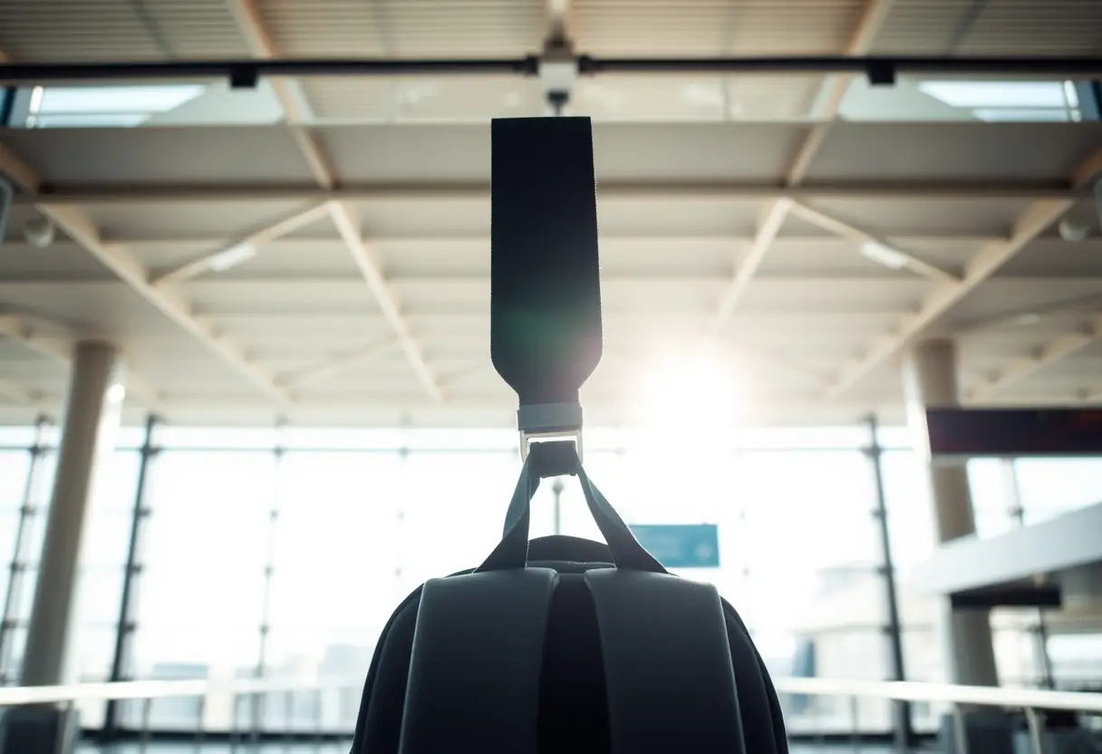 Un cadre métallique avec une sangle de cuir dans un aéroport