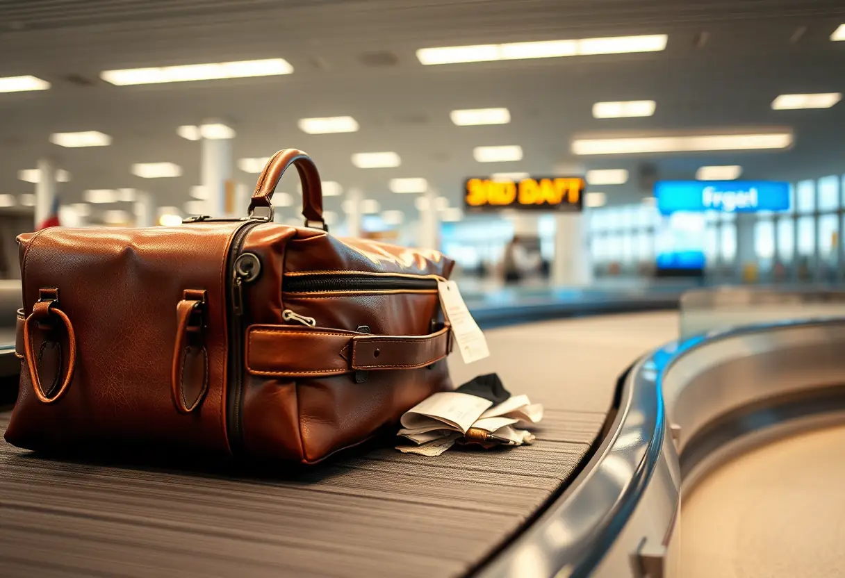 Une valise en cuir sur un tapis de bagages dans un aéroport