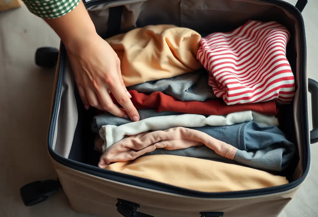 Une main plie des vêtements dans une valise de voyage
