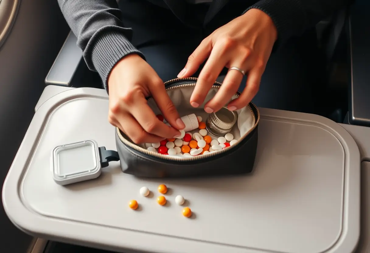 Des mains triant des médicaments dans un sac de toilette sur un plateau d'avion