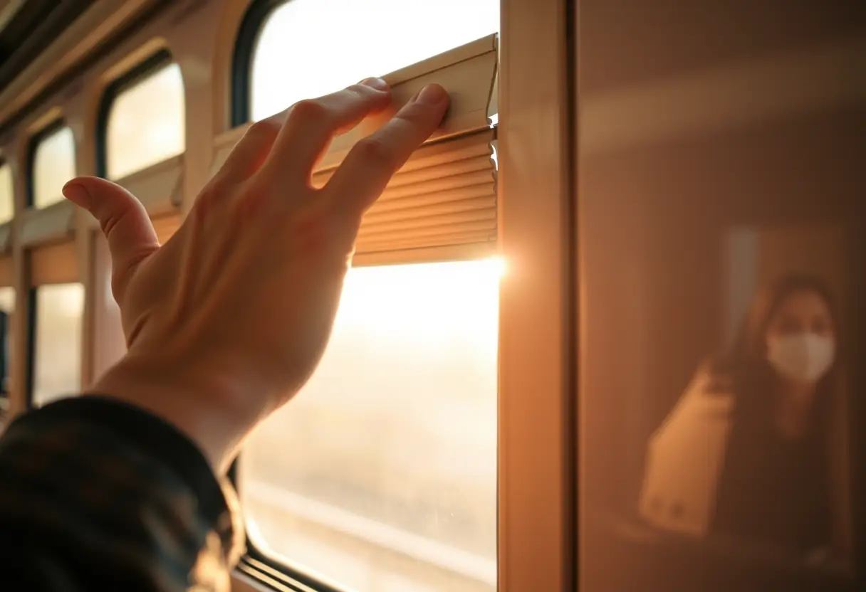 Une main ajustant un store dans un compartiment de train, éclairée par la lumière du jour.