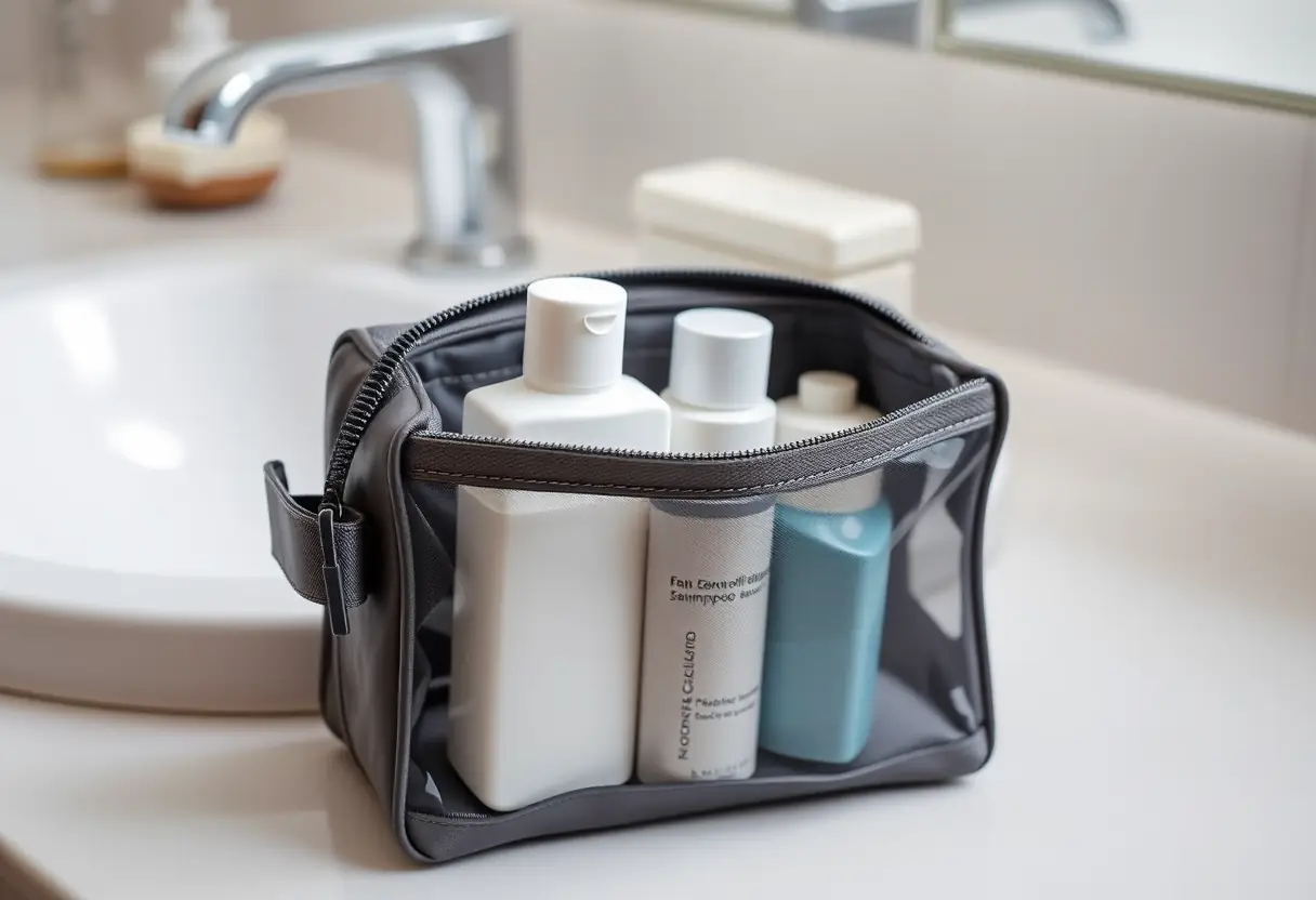 Un petit sac de toilette sur une étagère dans une salle de bains