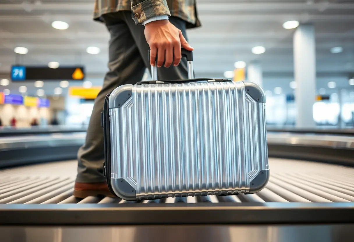 Une main stabilise une valise rigide en polycarbonate dans un terminal d'aéroport.