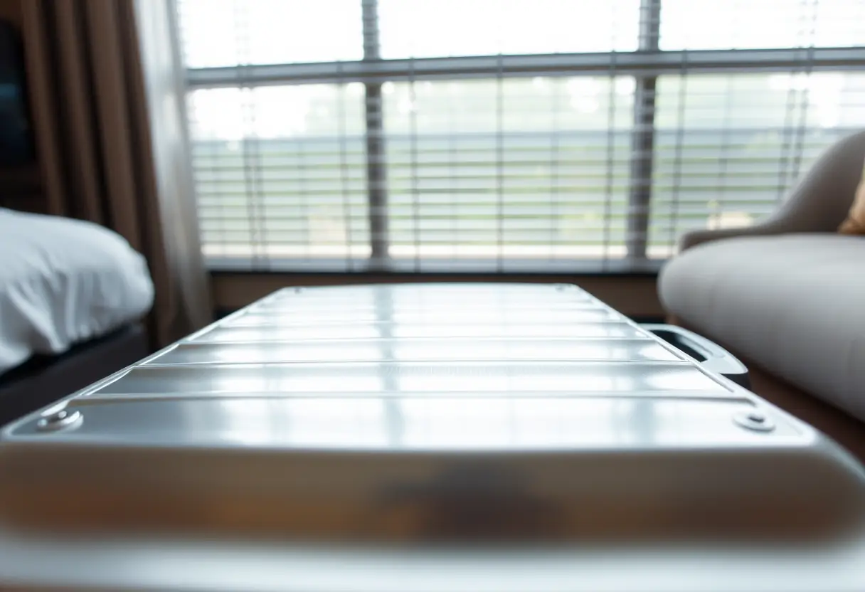 Une valise rigide en aluminium posée sur un bureau d'hôtel.