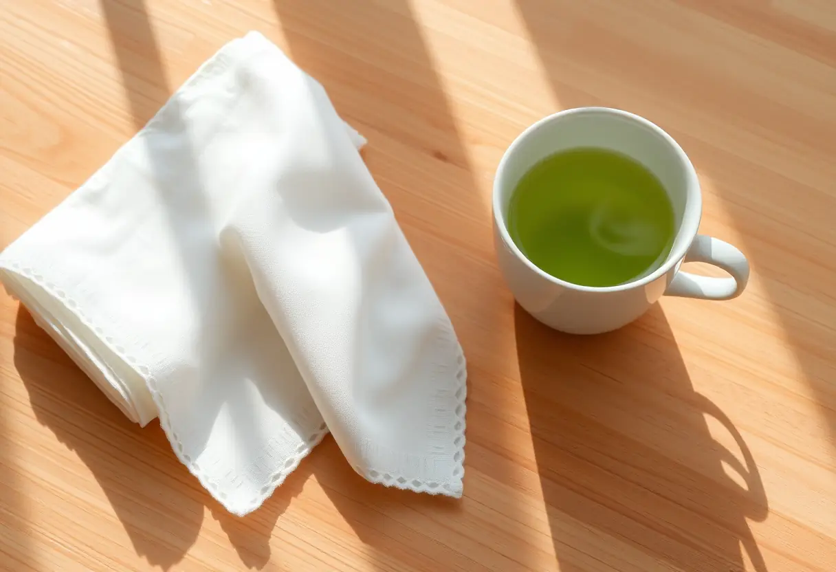 Des mouchoirs blancs soigneusement pliés sur une table en bois près d'une tasse de thé vert fumant.