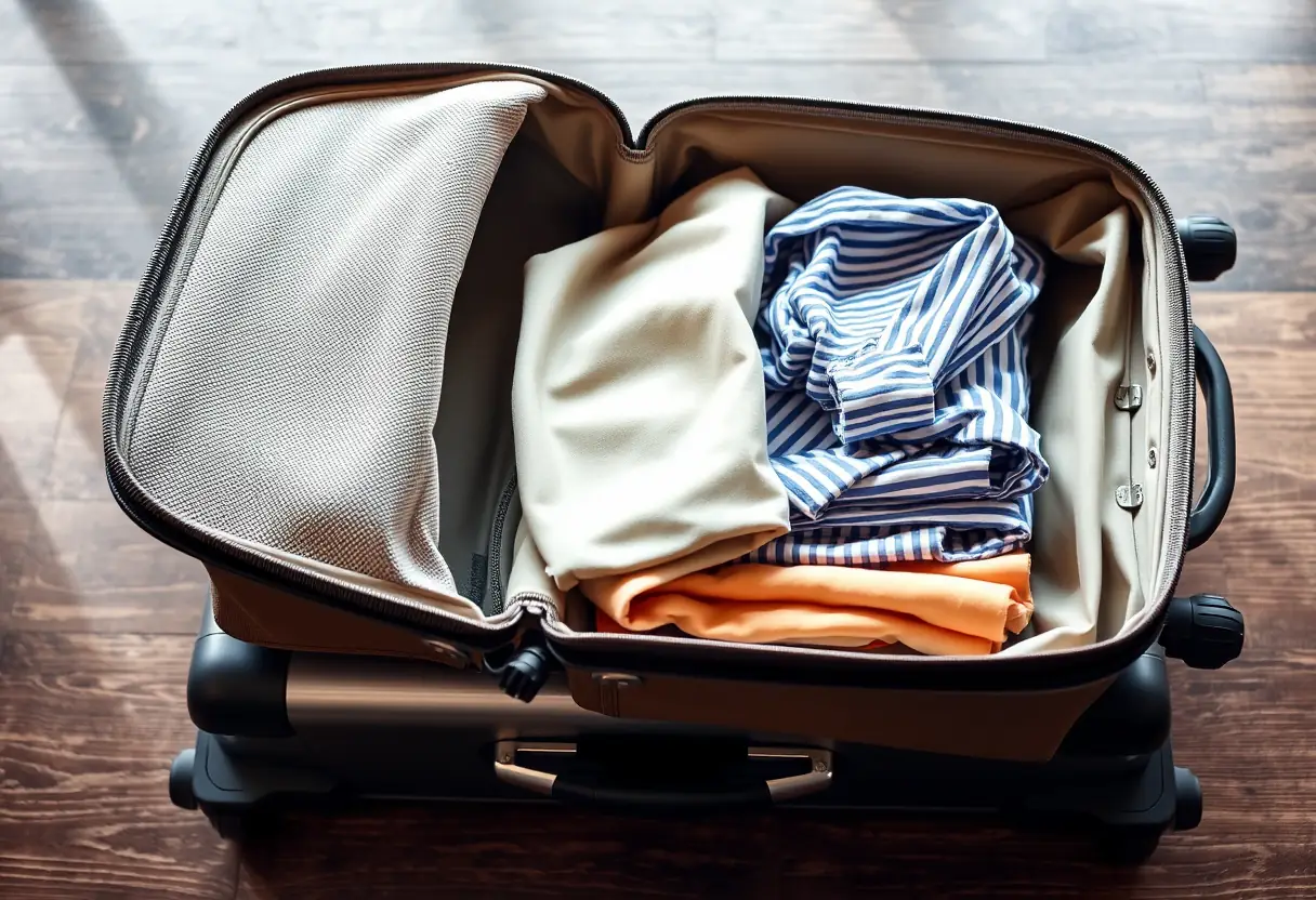 Un sac de voyage partiellement ouvert sur une balance, contenant des vêtements pliés.