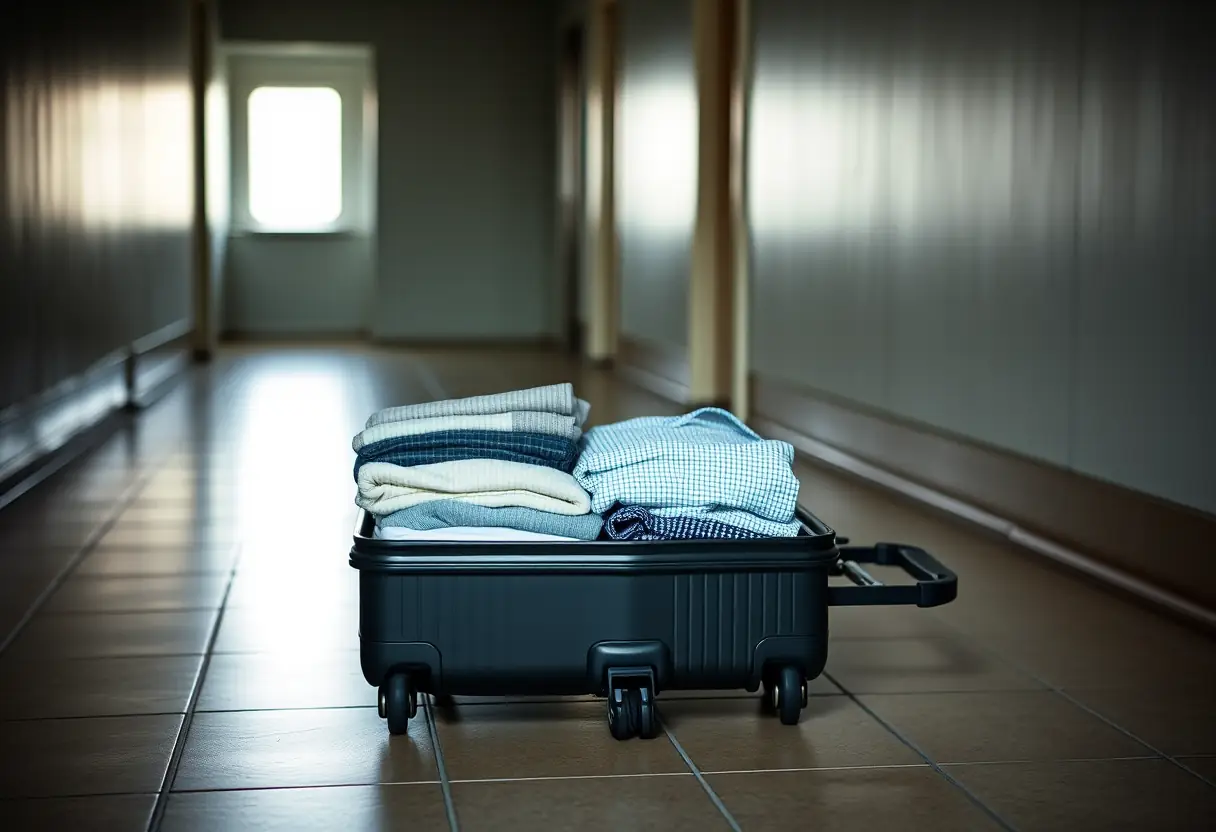 Une valise ouverte révèle des vêtements soigneusement pliés, rappelant les préparatifs pour un voyage au Japon