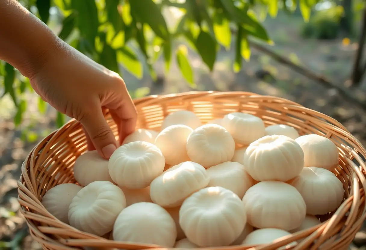 Une main dans un panier de bambou rempli de mochi