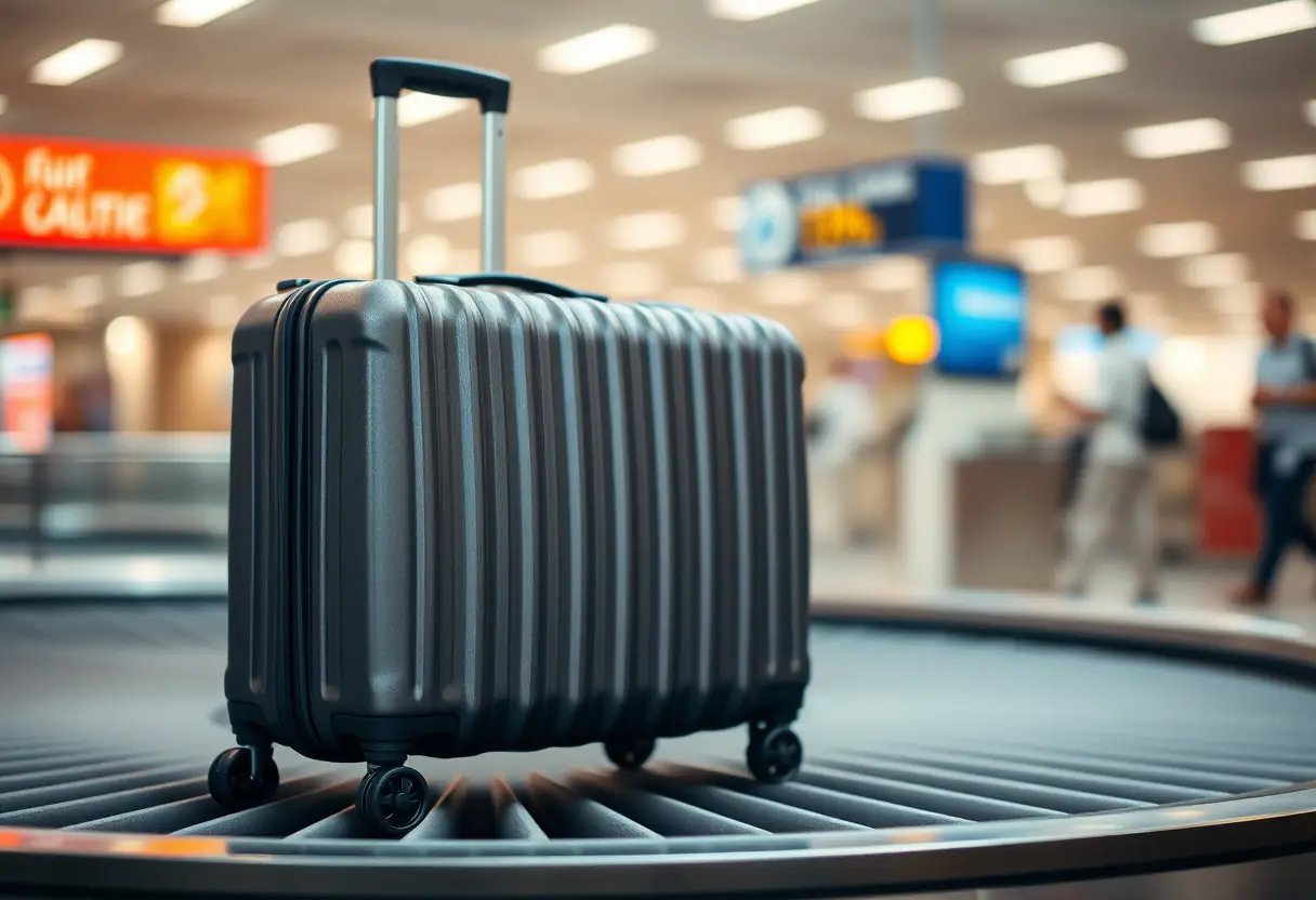 Une valise robuste sur un tapis transporte à l'aéroport