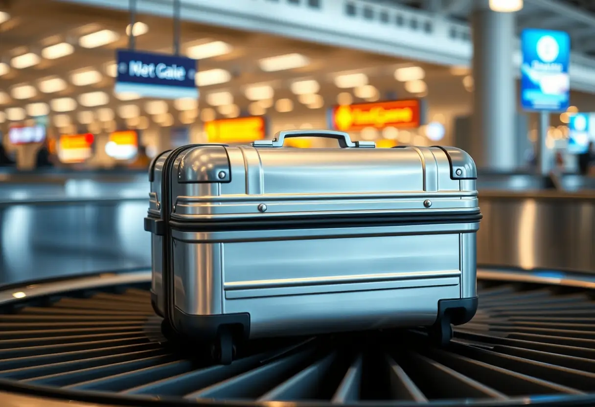 Un casier rigide en aluminium sur un tapis de bagage dans un aéroport