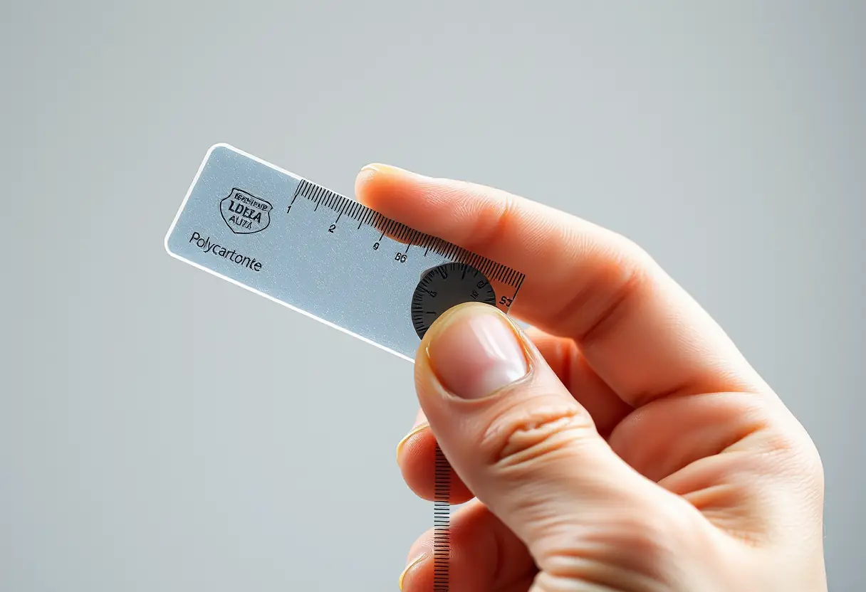 Une main tenant un échantillon de polycarbonate et y plaçant une règle métallique pour montrer sa flexibilité