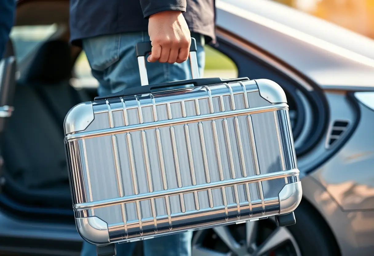 Une main tenant un coffre rigide en polycarbonate près d'une voiture, prêt à partir en voyage, sous la lumière naturelle.