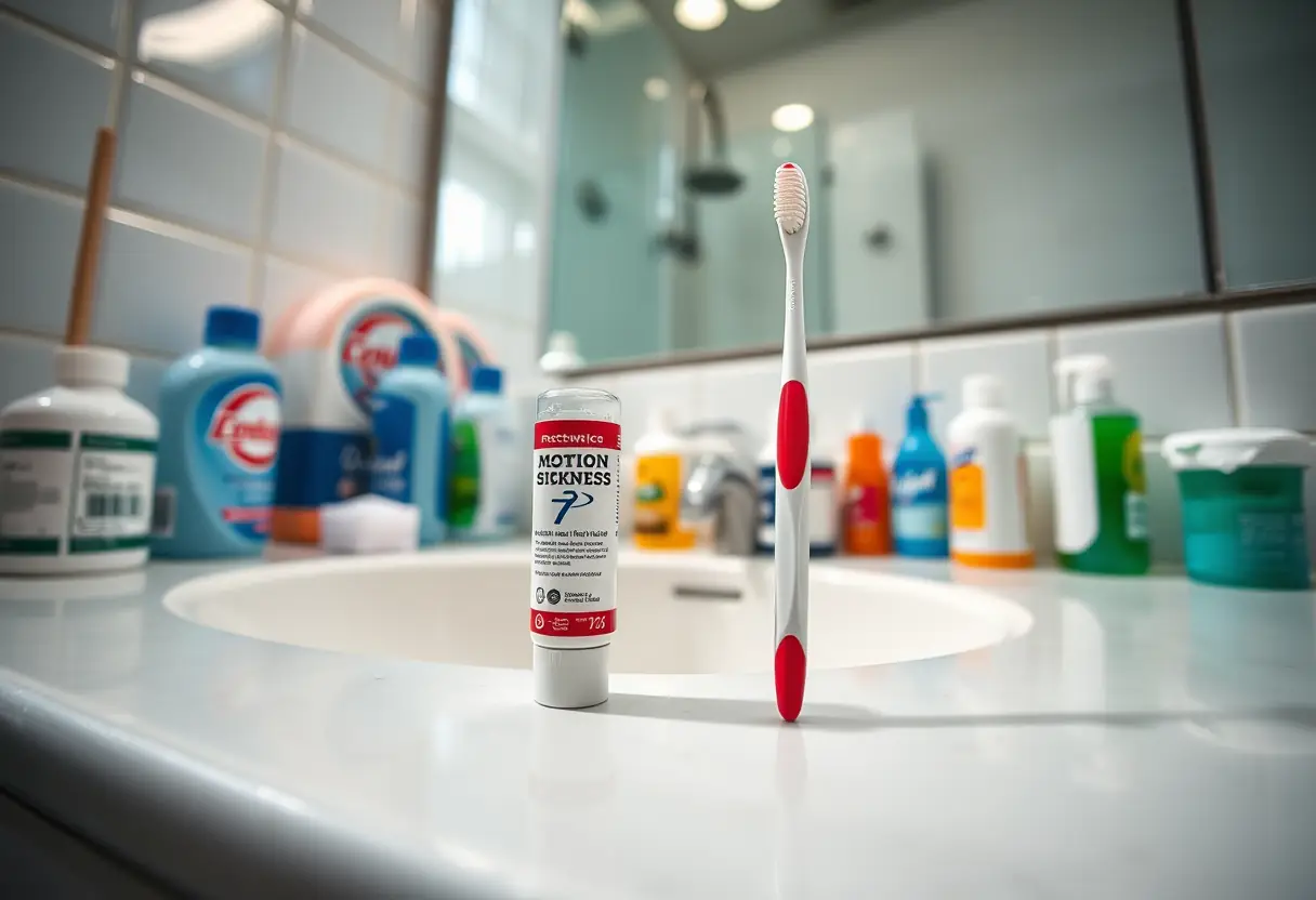 Un tube de médicament contre le mal des transports sur une table de toilette.