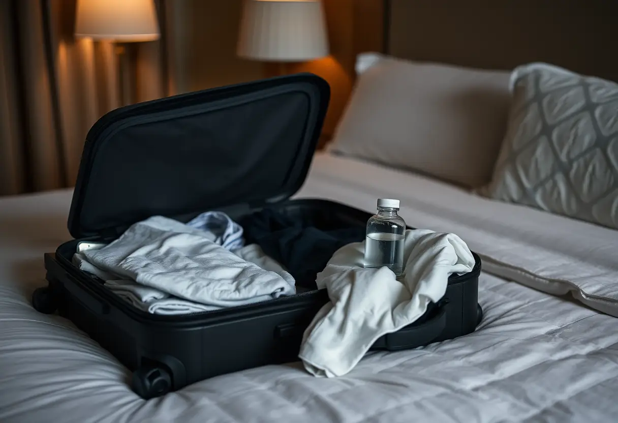 Valise ouverte sur un lit d'hôtel contenant des vêtements pliés et une bouteille de médicament