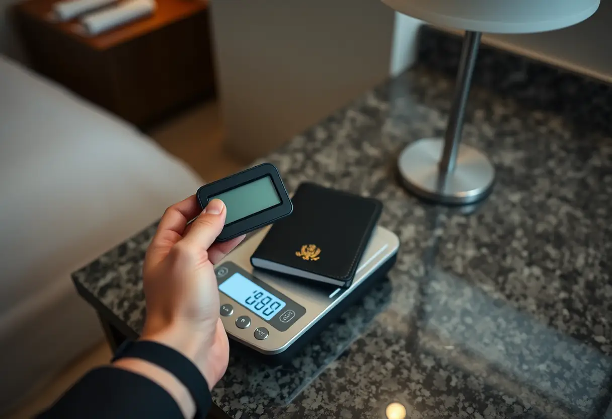 Une main pèse un porte-passeport en cuir noir sur une table de nuit dans une chambre d'hôtel