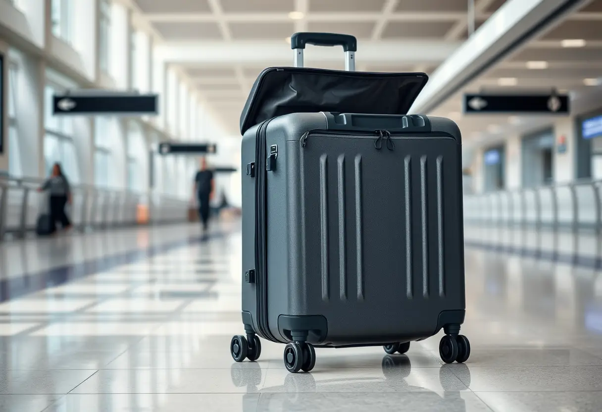Une valise rigide à quatre roues pivotantes dans un aéroport, ouverte sur son intérieur
