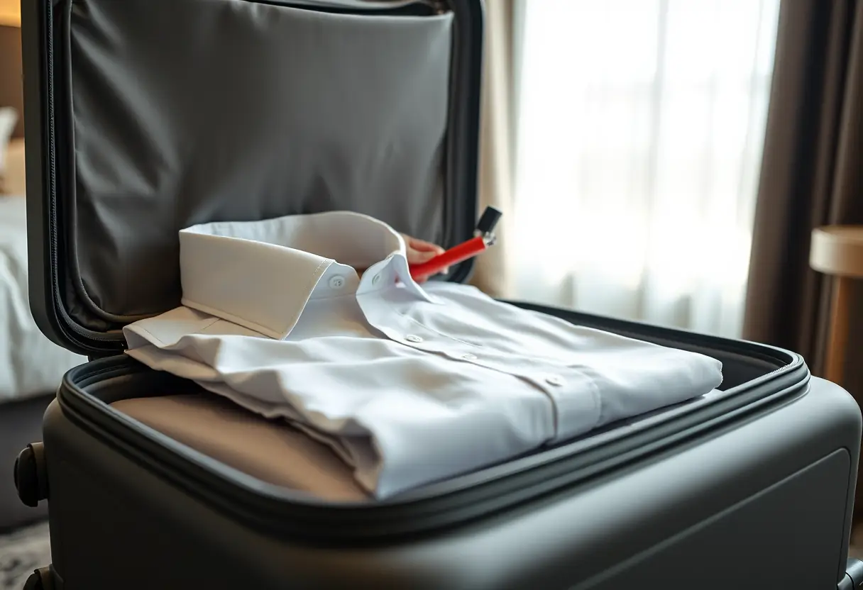 Une main plie une chemise dans une valise ouverte dans une chambre d'hôtel