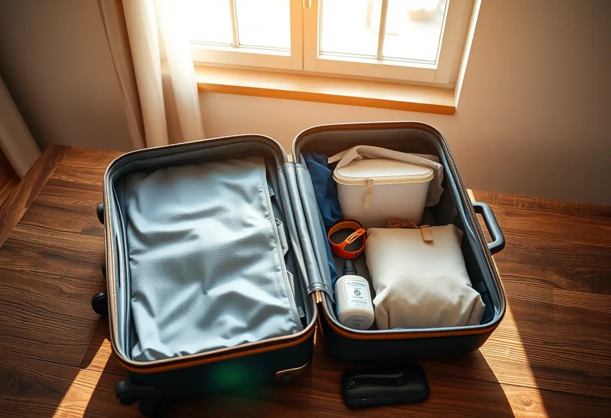 Une valise en tissu polyester ouverte sur une table, avec ses affaires de voyage bien rangées.