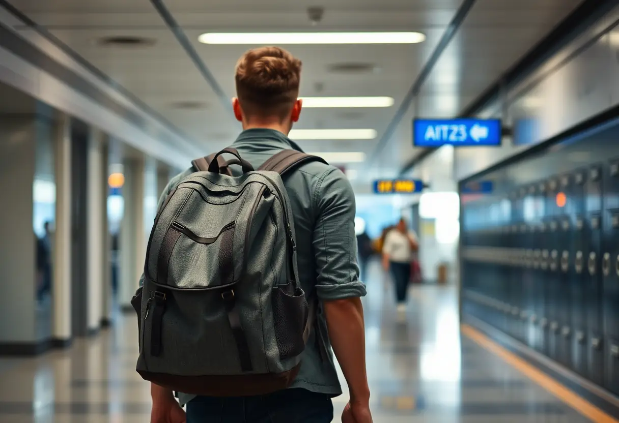 Silhouette d'un voyageur portant un grand sac à dos dans un couloir d'aéroport.