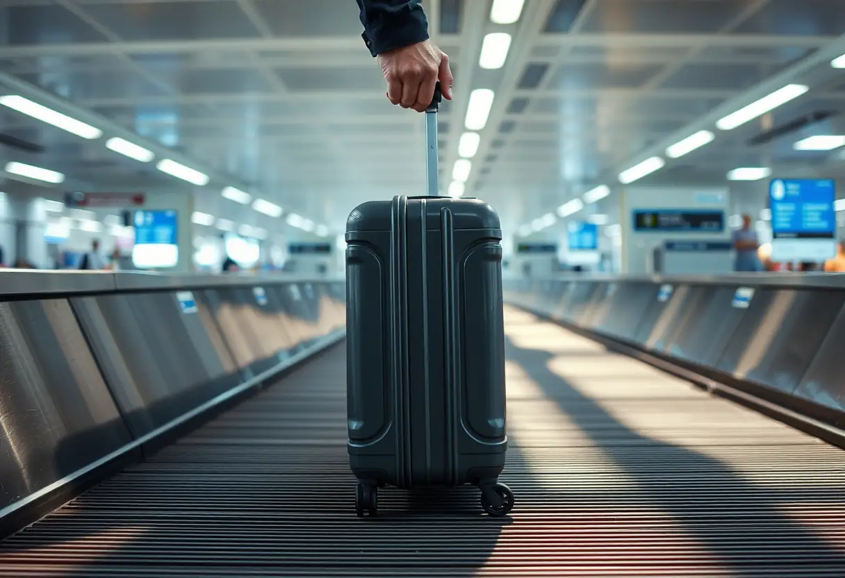Une main pousse une valise rigide en polycarbonate sur un tapis de bagages à l'aéroport