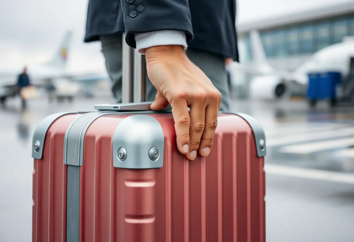Une main ferme refermant une valise rigide en aluminium sur un tarmac mouillé