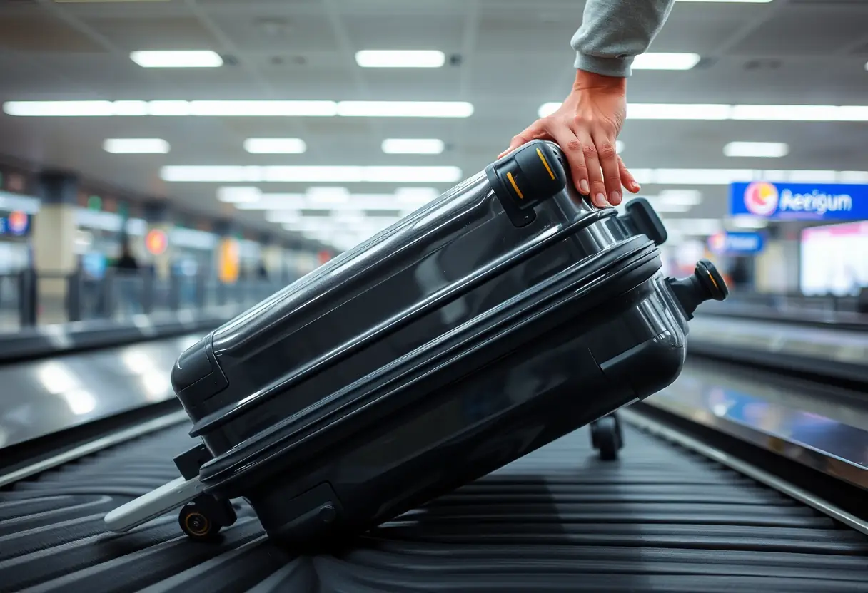 Une valise solide sur un tapis de bagages à l'aéroport