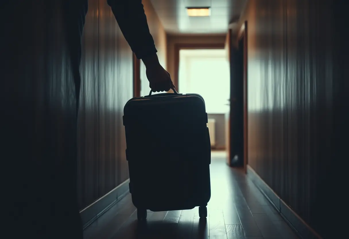 Une main ferme la fermeture à glissière d'une valise rigide dans un couloir sombre éclairé par la lumière d'une pièce voisine.