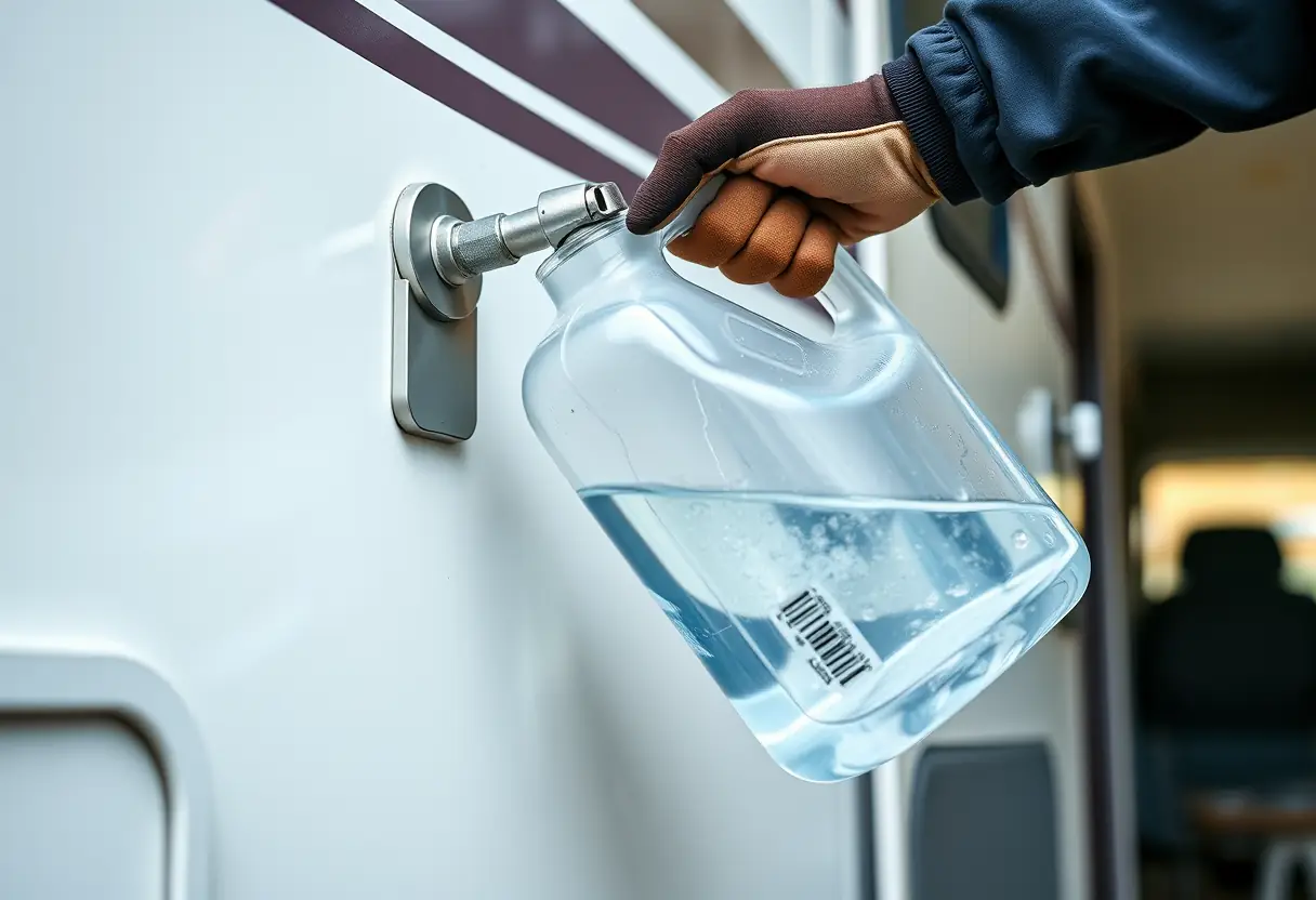 Une main gantée qui verse de l'eau dans un gobelet en plastique depuis un robinet de camping-car