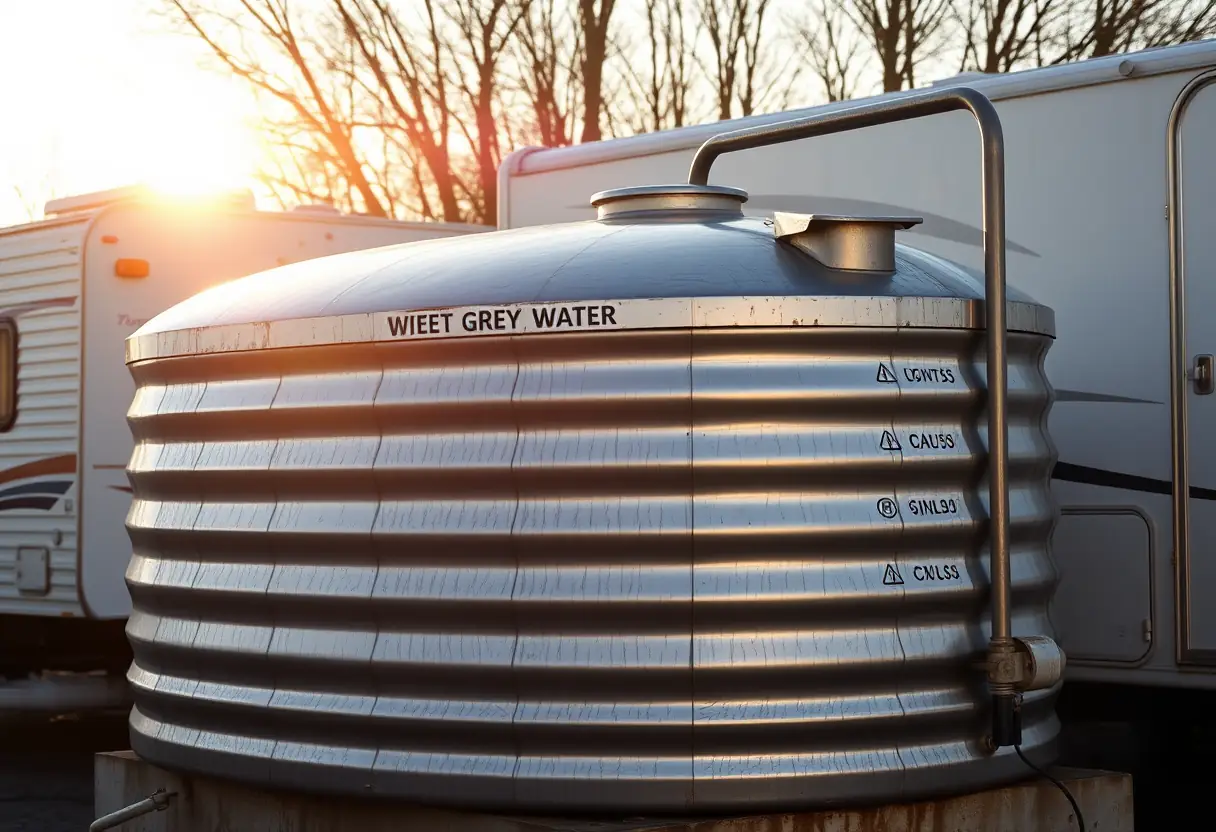 Un grand réservoir métallique près d'un camping-car, utilisé pour stocker l'eau usée.