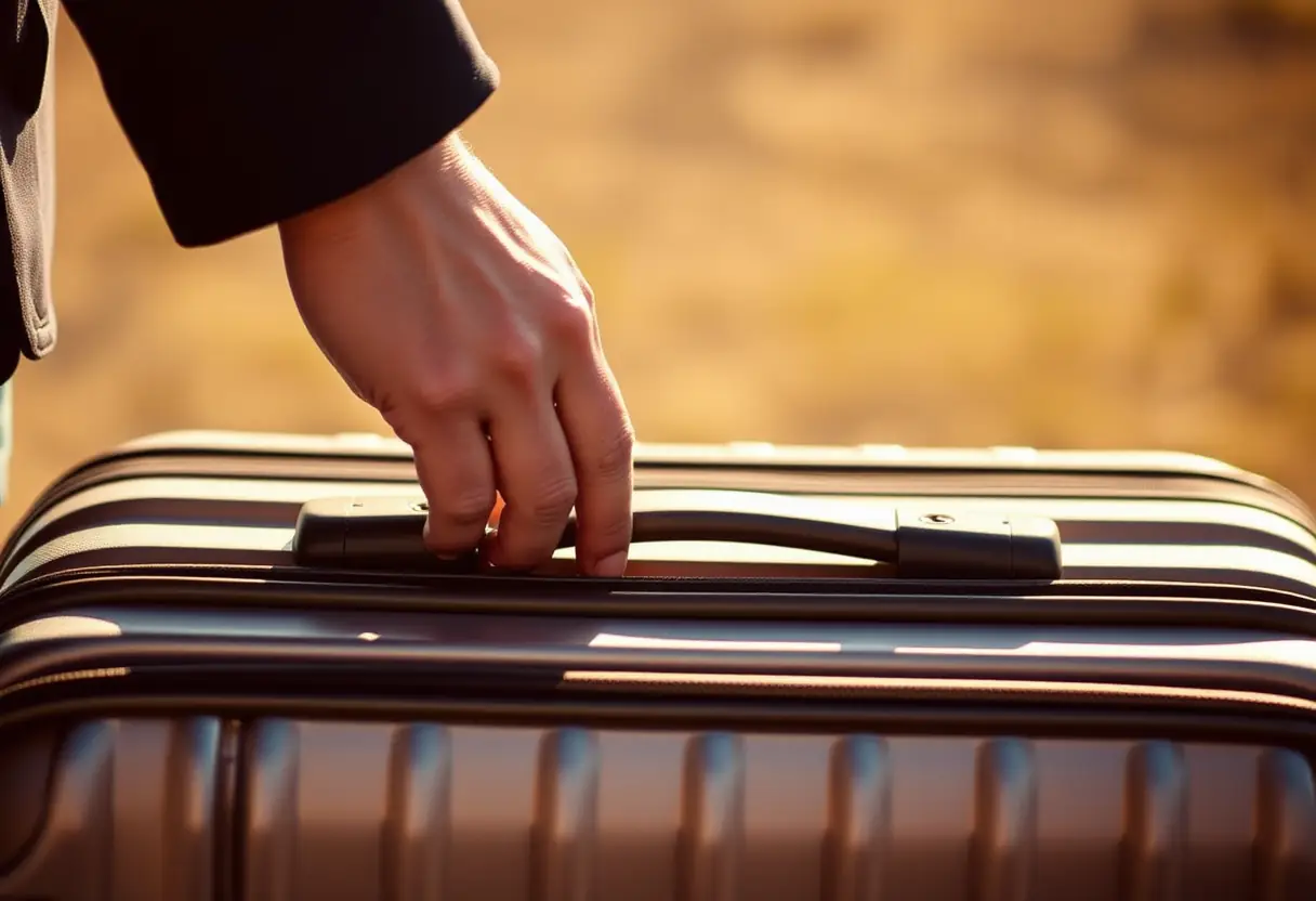 Une main referme le couvercle d'une valise pour emballer ses affaires avant un voyage