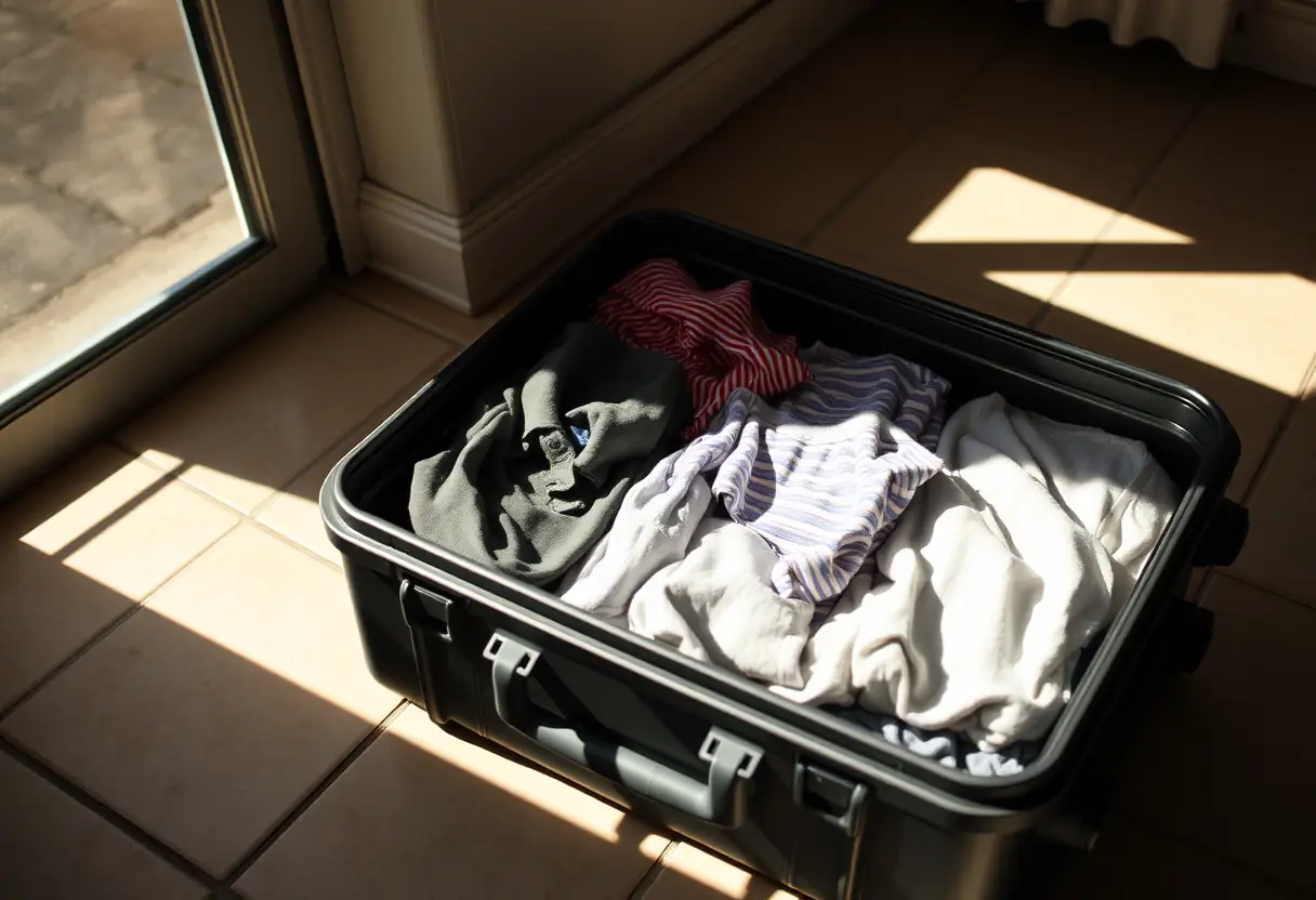 Un sac à dos rigide ouvert sur un sol carrelé, rempli de vêtements pliés avec soin