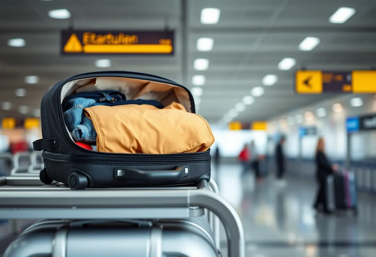 Un sac à dos bien rangé dans un aéroport, prêt pour le voyage