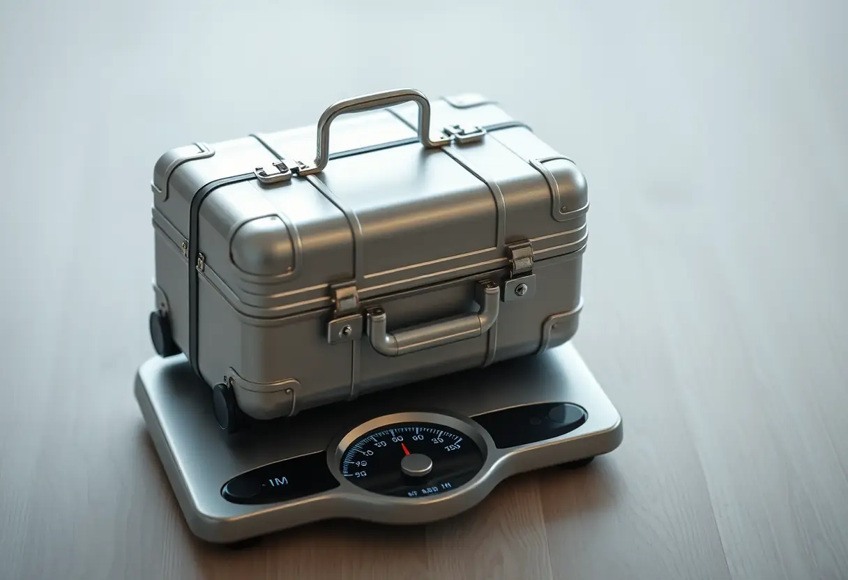Une valise en aluminium posée sur un poids
