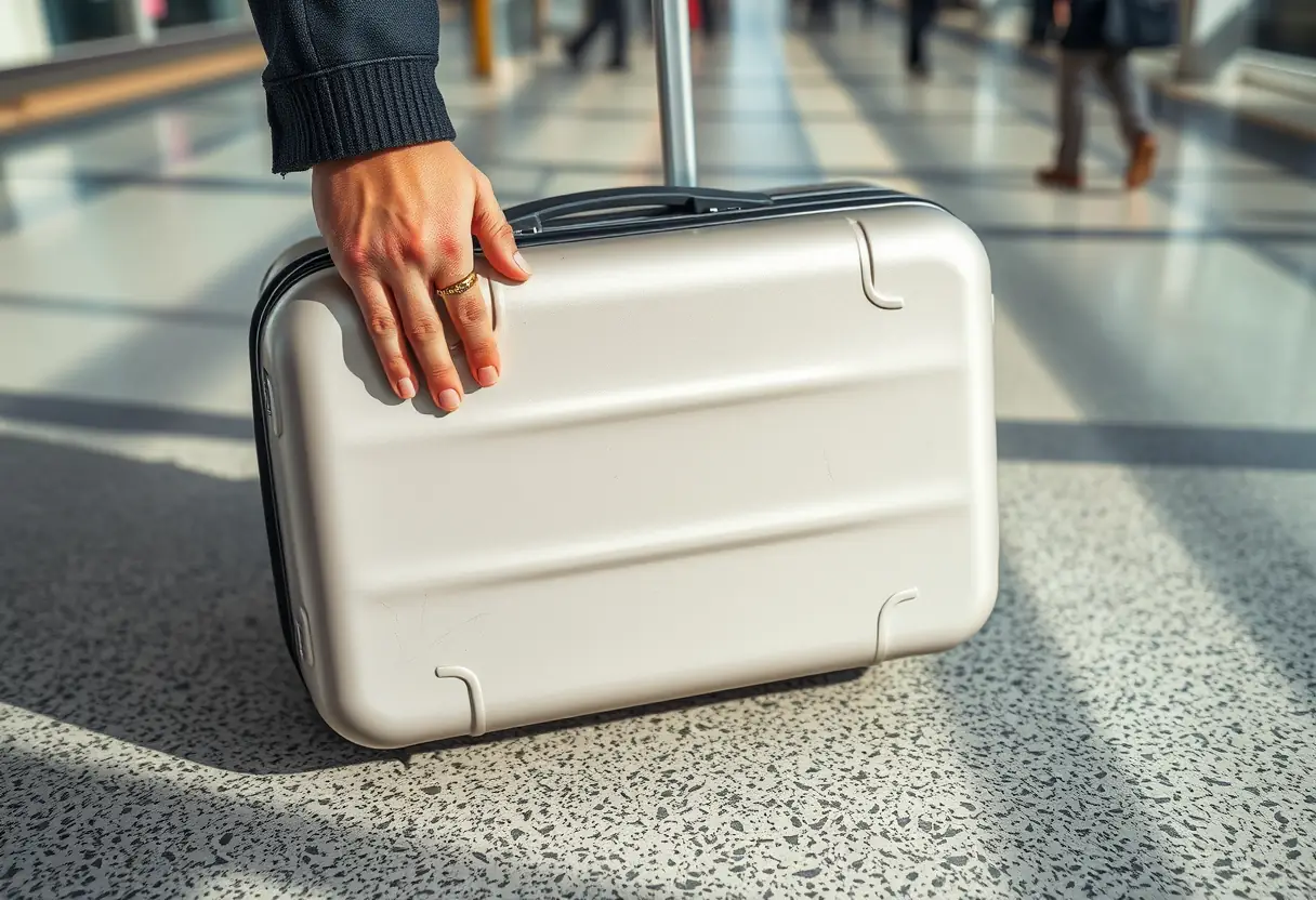 Une main stabilise une coquille de valise résistante sur un sol rugueux