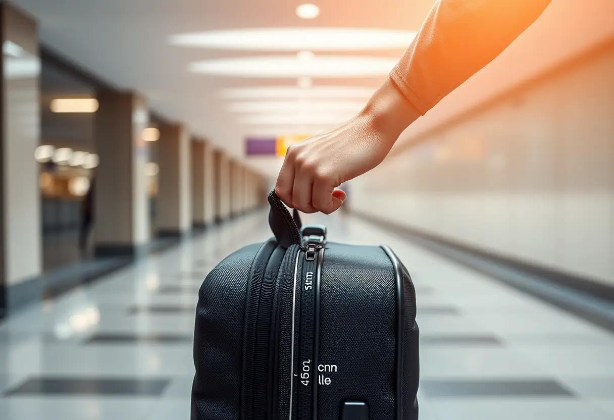 Une main ferme la fermeture éclair d'une valise souple dans un couloir d'aéroport