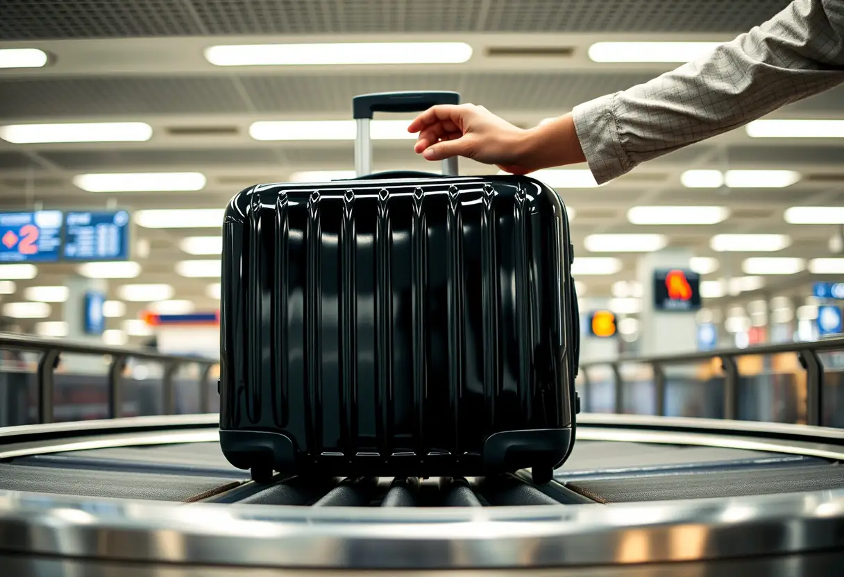 Une valise en polycarbonate sur un tapis roulant à l'aéroport