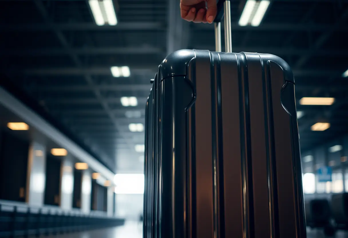 Une valise rigide robuste dans un espace de stockage d'aéroport