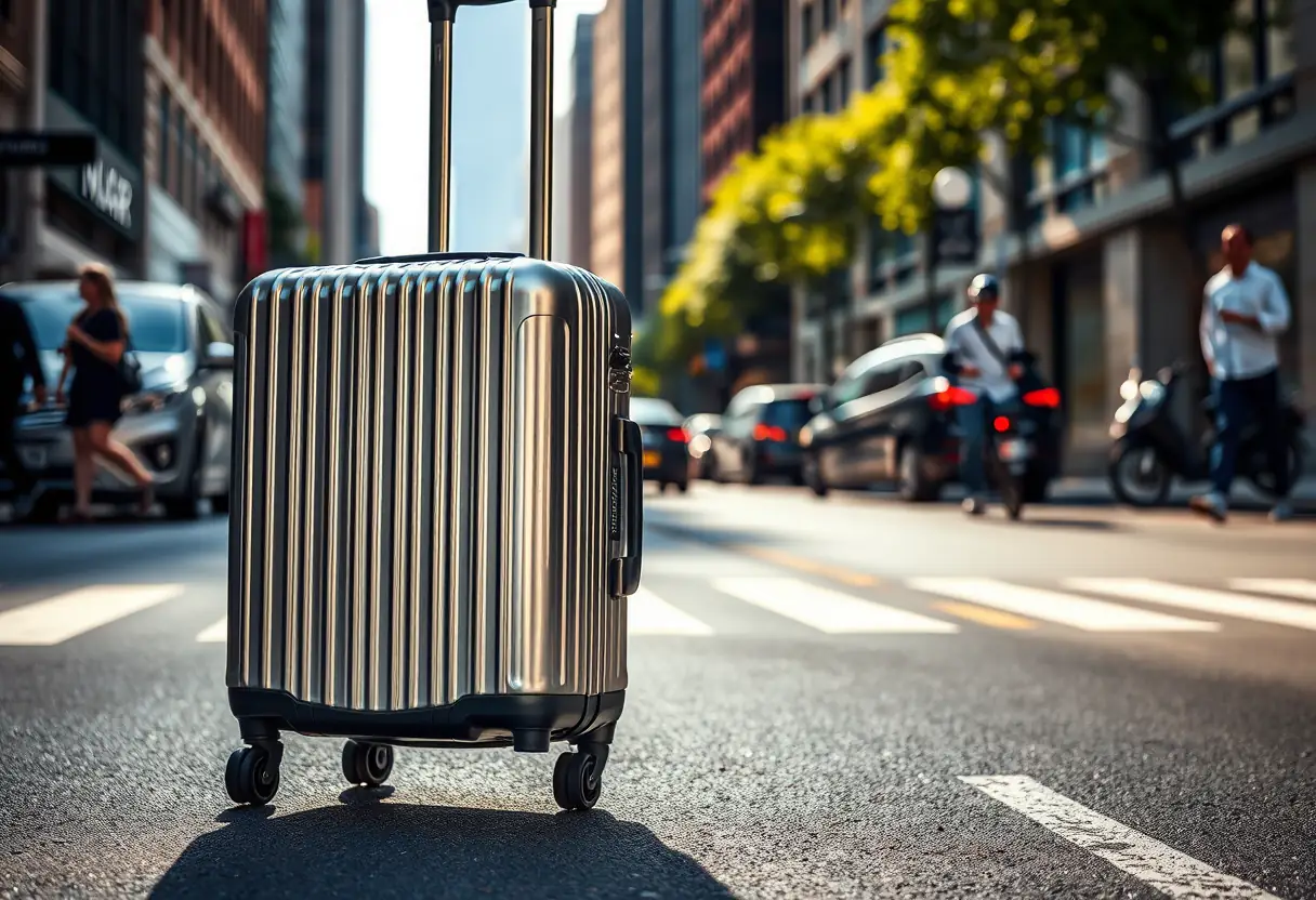 Une valise en aluminium roulée sur un trottoir urbain