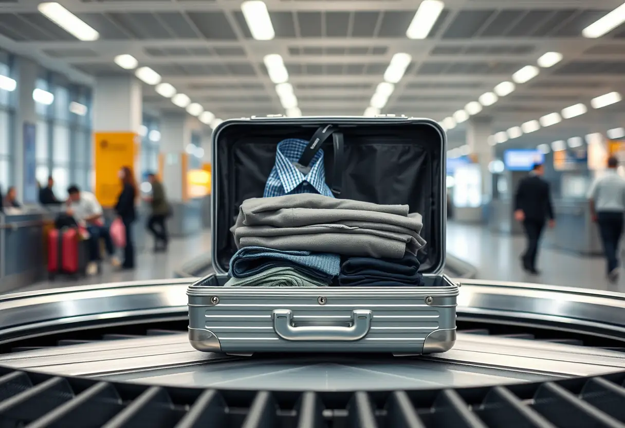 Une valise en aluminium ouverte sur un tapis de bagages à l'aéroport