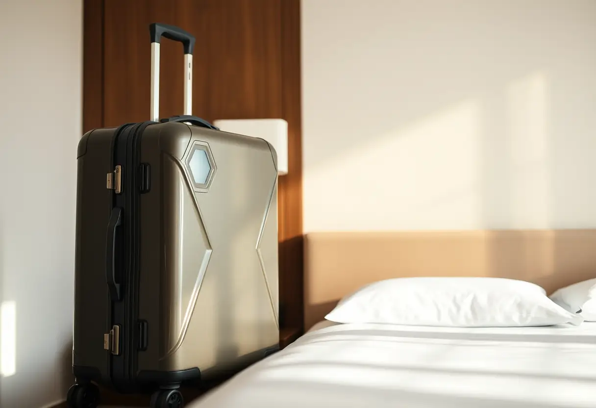 Une valise rigide avec un manche solide dans une chambre d'hôtel bien éclairée