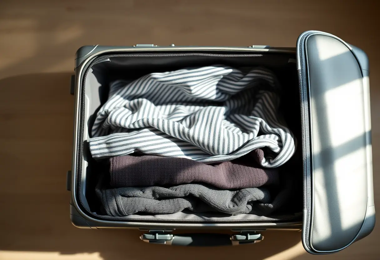 Une valise rigide ouverte révélant des vêtements pliés avec soin