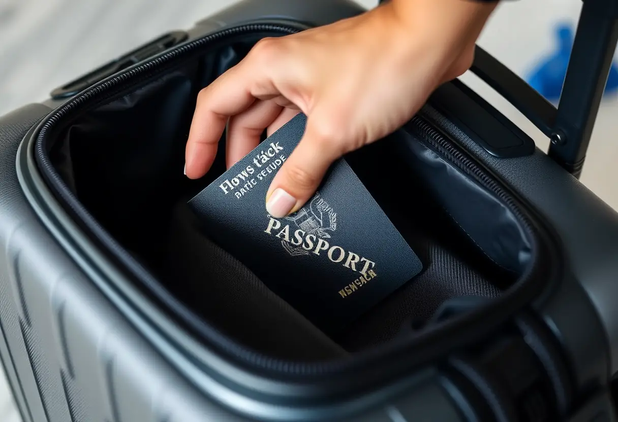 Une main saisissant un passeport dans une valise robuste