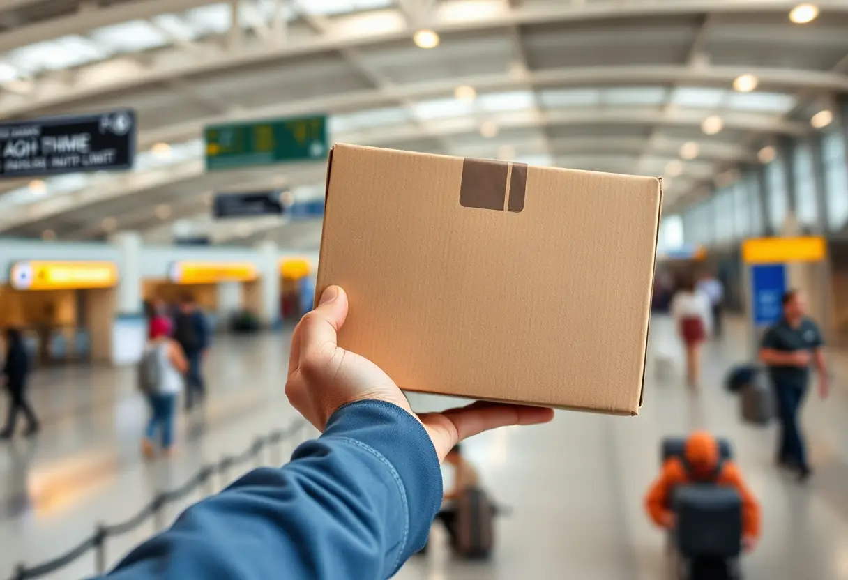 Une main tenant une boîte cartonnée rectangulaire dans un aéroport, guide valises cabine Ryanair