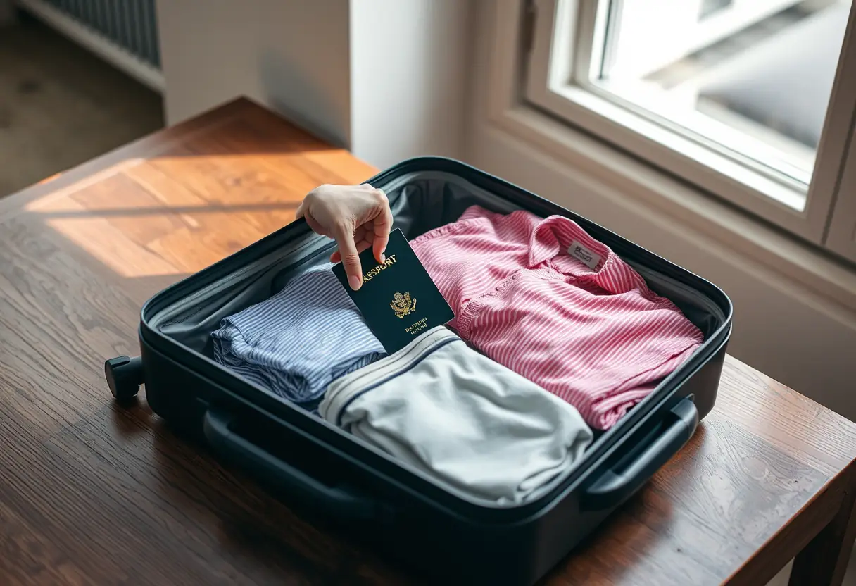 Une valise ouverte sur une table avec des vêtements pliés et une main qui cherche un passeport.